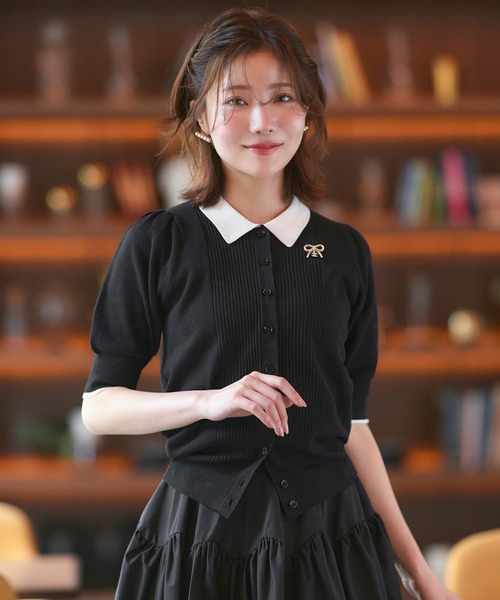 RUIRUE BOUTIQUE(ルイルエブティック)の「洗える/ストレッチ | 衿つき パフスリーブ ニット カーデ | カーディガン・ニットカーディガン・トップス・ニットトップス・サマーニット・シアートップス(カーディガン/ボレロ・レディース・ブラック×ホワイト/ホワイト/ネイビー/ネイビー×ホワイト・M/L)」の2枚目の写真