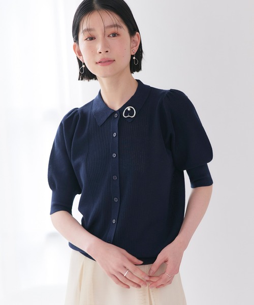 RUIRUE BOUTIQUE(ルイルエブティック)の「洗える/ストレッチ | 衿つき パフスリーブ ニット カーデ | カーディガン・ニットカーディガン・トップス・ニットトップス・サマーニット・シアートップス(カーディガン/ボレロ・レディース・ブラック×ホワイト/ホワイト/ネイビー/ネイビー×ホワイト・M/L)」の3枚目の写真