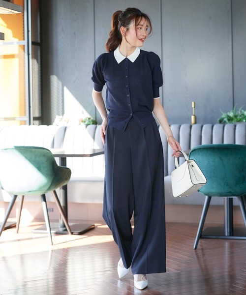 RUIRUE BOUTIQUE(ルイルエブティック)の「洗える/ストレッチ | 衿つき パフスリーブ ニット カーデ | カーディガン・ニットカーディガン・トップス・ニットトップス・サマーニット・シアートップス(カーディガン/ボレロ・レディース・ブラック×ホワイト/ホワイト/ネイビー/ネイビー×ホワイト・M/L)」の5枚目の写真