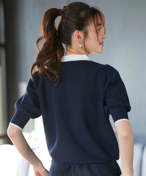 RUIRUE BOUTIQUE(ルイルエブティック)の「洗える/ストレッチ | 衿つき パフスリーブ ニット カーデ | カーディガン・ニットカーディガン・トップス・ニットトップス・サマーニット・シアートップス(カーディガン/ボレロ・レディース・ブラック×ホワイト/ホワイト/ネイビー/ネイビー×ホワイト・M/L)」の6枚目の写真
