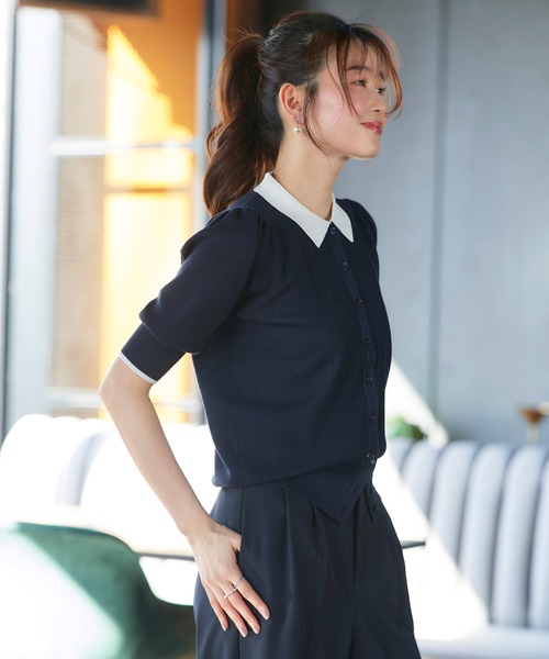 RUIRUE BOUTIQUE(ルイルエブティック)の「洗える/ストレッチ | 衿つき パフスリーブ ニット カーデ | カーディガン・ニットカーディガン・トップス・ニットトップス・サマーニット・シアートップス(カーディガン/ボレロ・レディース・ブラック×ホワイト/ホワイト/ネイビー/ネイビー×ホワイト・M/L)」の7枚目の写真