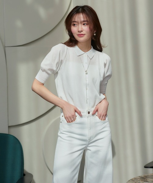 RUIRUE BOUTIQUE(ルイルエブティック)の「洗える/ストレッチ | 衿つき パフスリーブ ニット カーデ | カーディガン・ニットカーディガン・トップス・ニットトップス・サマーニット・シアートップス(カーディガン/ボレロ・レディース・ブラック×ホワイト/ホワイト/ネイビー/ネイビー×ホワイト・M/L)」の8枚目の写真