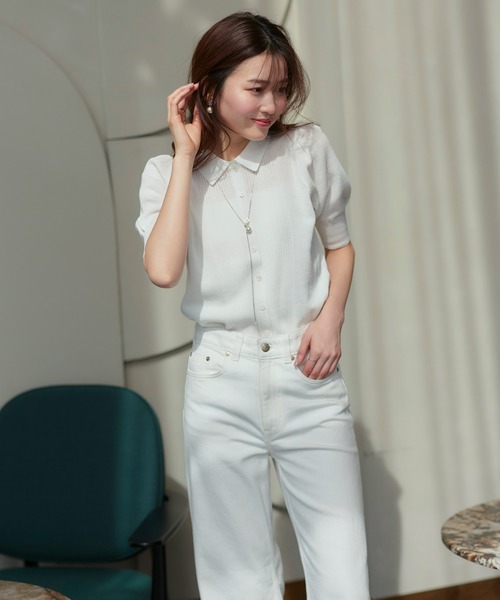 RUIRUE BOUTIQUE(ルイルエブティック)の「洗える/ストレッチ | 衿つき パフスリーブ ニット カーデ | カーディガン・ニットカーディガン・トップス・ニットトップス・サマーニット・シアートップス(カーディガン/ボレロ・レディース・ブラック×ホワイト/ホワイト/ネイビー/ネイビー×ホワイト・M/L)」の10枚目の写真