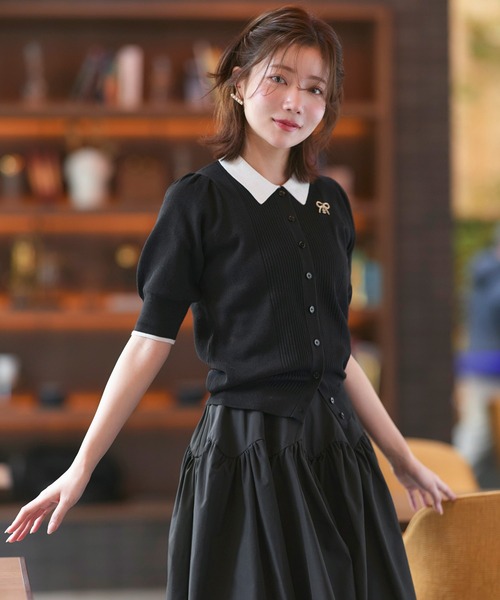 RUIRUE BOUTIQUE(ルイルエブティック)の「洗える/ストレッチ | 衿つき パフスリーブ ニット カーデ | カーディガン・ニットカーディガン・トップス・ニットトップス・サマーニット・シアートップス(カーディガン/ボレロ・レディース・ブラック×ホワイト/ホワイト/ネイビー/ネイビー×ホワイト・M/L)」の11枚目の写真