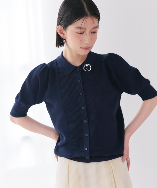RUIRUE BOUTIQUE(ルイルエブティック)の「洗える/ストレッチ | 衿つき パフスリーブ ニット カーデ | カーディガン・ニットカーディガン・トップス・ニットトップス・サマーニット・シアートップス(カーディガン/ボレロ・レディース・ブラック×ホワイト/ホワイト/ネイビー/ネイビー×ホワイト・M/L)」の14枚目の写真