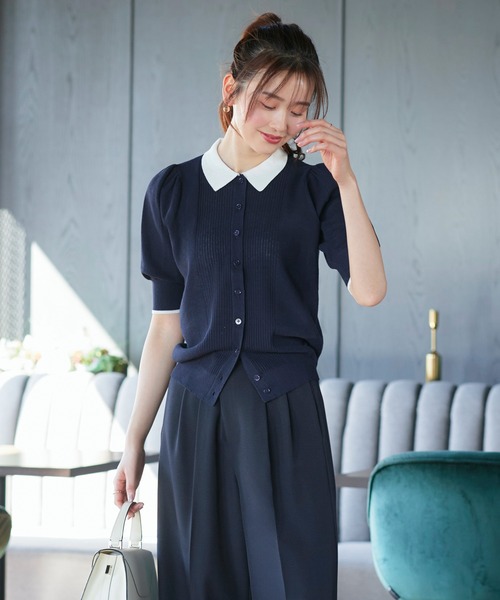 RUIRUE BOUTIQUE(ルイルエブティック)の「洗える/ストレッチ | 衿つき パフスリーブ ニット カーデ | カーディガン・ニットカーディガン・トップス・ニットトップス・サマーニット・シアートップス(カーディガン/ボレロ・レディース・ブラック×ホワイト/ホワイト/ネイビー/ネイビー×ホワイト・M/L)」の22枚目の写真