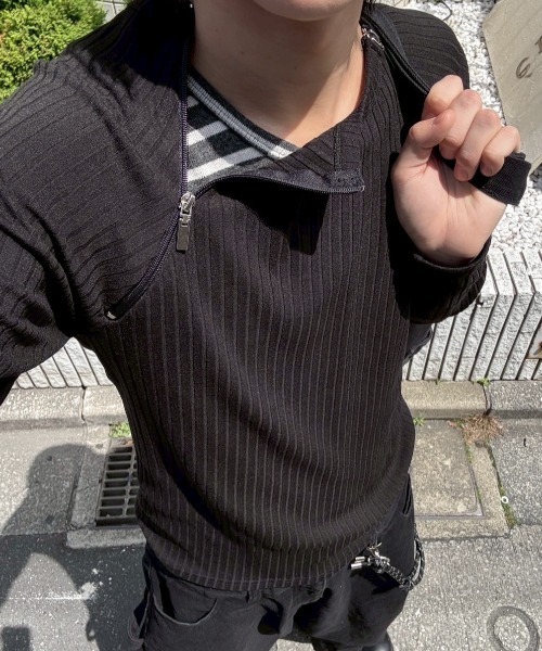 Never mind the XU / Chikashitsu+(ネバーマインド ザ エックスユー / チカシツプラス)の「【nmtc+】neck zip long sleeve / 【エヌエムティーシープラス】ネックジップ長袖Tシャツ(Tシャツ/カットソー・メンズ・ブラック/チャコール・ONE SIZE)」の14枚目の写真
