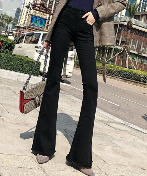 SEU(エスイーユー)の「デニムパンツ 美脚シルエット ハイウエスト スリムフレア ストレッチ 脚長効果 オフィスカジュアル きれいめカジュアル レディース韓国風(デニムパンツ・レディース・ブラック/ブルー・M/L)」の7枚目の写真