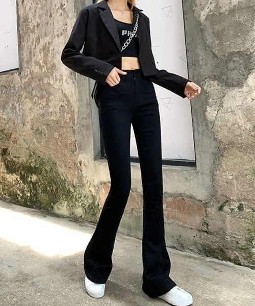 SEU(エスイーユー)の「デニムパンツ 美脚シルエット ハイウエスト スリムフレア ストレッチ 脚長効果 オフィスカジュアル きれいめカジュアル レディース韓国風(デニムパンツ・レディース・ブラック/ブルー・M/L)」の8枚目の写真