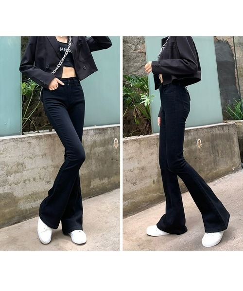 SEU(エスイーユー)の「デニムパンツ 美脚シルエット ハイウエスト スリムフレア ストレッチ 脚長効果 オフィスカジュアル きれいめカジュアル レディース韓国風(デニムパンツ・レディース・ブラック/ブルー・M/L)」の12枚目の写真