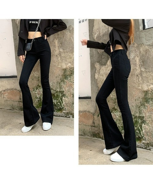 SEU(エスイーユー)の「デニムパンツ 美脚シルエット ハイウエスト スリムフレア ストレッチ 脚長効果 オフィスカジュアル きれいめカジュアル レディース韓国風(デニムパンツ・レディース・ブラック/ブルー・M/L)」の13枚目の写真