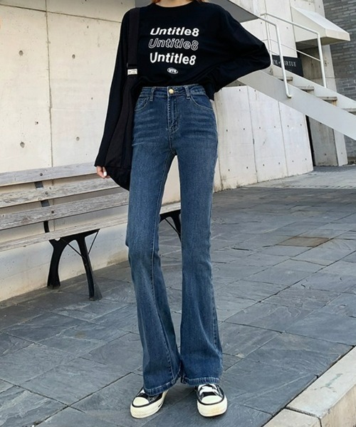 SEU(エスイーユー)の「デニムパンツ 美脚シルエット ハイウエスト スリムフレア ストレッチ 脚長効果 オフィスカジュアル きれいめカジュアル レディース韓国風(デニムパンツ・レディース・ブラック/ブルー・M/L)」の20枚目の写真
