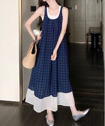 ビックシルエットUネックチェック柄ノースリーブワンピース