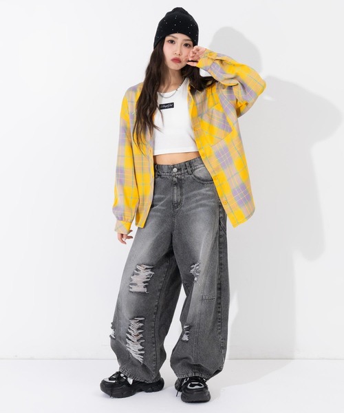ANAP GiRL(アナップガール)の「エンジェル羽 オーバー チェックシャツ(シャツ/ブラウス・キッズ・ピンク/ブラック/イエロー・M/S/XS)」の11枚目の写真