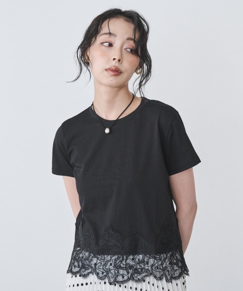 Anclear oui(アンクリアウィ)の「裾レースデザインTシャツ(Tシャツ/カットソー・レディース・Black/White・F)」の1枚目の写真