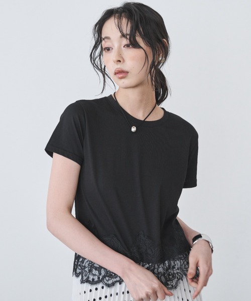 Anclear oui(アンクリアウィ)の「裾レースデザインTシャツ(Tシャツ/カットソー・レディース・Black/White・F)」の4枚目の写真