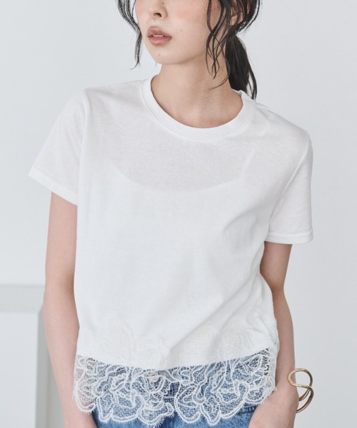 Anclear oui(アンクリアウィ)の「裾レースデザインTシャツ(Tシャツ/カットソー・レディース・Black/White・F)」の9枚目の写真