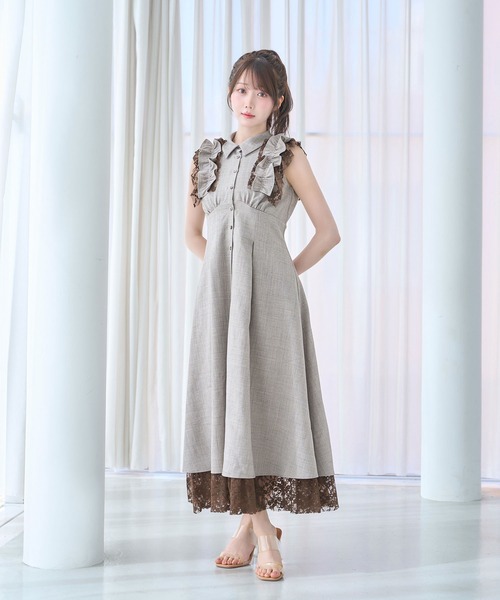 Rose Muse(ロゼミューズ)の「Lace layered shirt dress(シャツワンピース・レディース・モカ/ブルーグレー・MEDIUM/SMALL)」の1枚目の写真