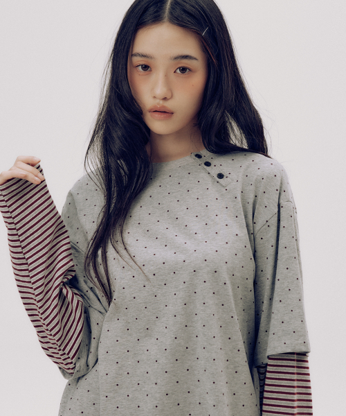 SOME PLACE（サムプレイス）の「ミニドットカラーアンバランスストライプツーウェイレイヤードTシャツ[グレー]（Tシャツ/カットソー・レディース・グレー・FREE）」の2枚目の写真