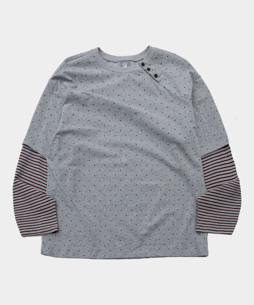 SOME PLACE（サムプレイス）の「ミニドットカラーアンバランスストライプツーウェイレイヤードTシャツ[グレー]（Tシャツ/カットソー・レディース・グレー・FREE）」の4枚目の写真