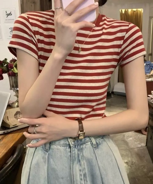 SHEPP(シープ)の「マルチボーダーコンパクト半袖T カットソー(Tシャツ/カットソー・レディース・ブラック/レッド・M/L)」の7枚目の写真