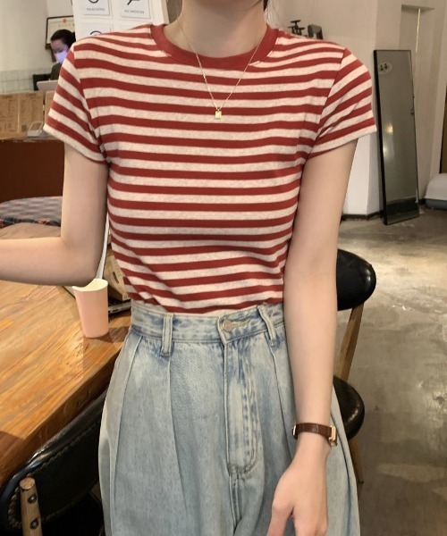 SHEPP(シープ)の「マルチボーダーコンパクト半袖T カットソー(Tシャツ/カットソー・レディース・ブラック/レッド・M/L)」の11枚目の写真