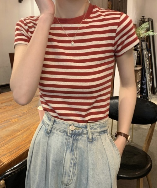 SHEPP(シープ)の「マルチボーダーコンパクト半袖T カットソー(Tシャツ/カットソー・レディース・ブラック/レッド・M/L)」の8枚目の写真