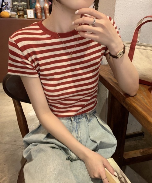 SHEPP(シープ)の「マルチボーダーコンパクト半袖T カットソー(Tシャツ/カットソー・レディース・ブラック/レッド・M/L)」の9枚目の写真