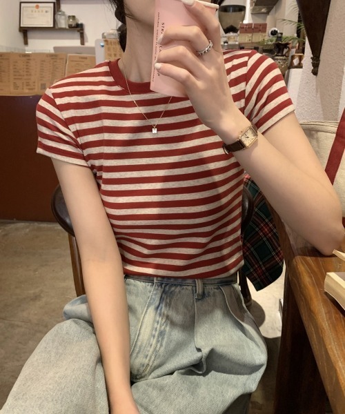 SHEPP(シープ)の「マルチボーダーコンパクト半袖T カットソー(Tシャツ/カットソー・レディース・ブラック/レッド・M/L)」の12枚目の写真