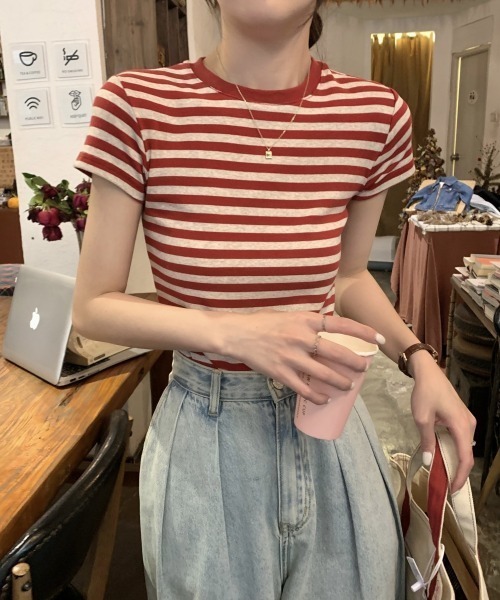 SHEPP(シープ)の「マルチボーダーコンパクト半袖T カットソー(Tシャツ/カットソー・レディース・ブラック/レッド・M/L)」の13枚目の写真