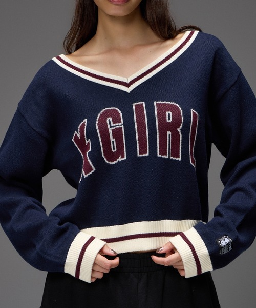 X-girl(エックスガール)の「LOGO JACQUARD V-NECK KNIT TOP(ニット/セーター・レディース・ブラック/ネイビー・ONE SIZE)」の12枚目の写真