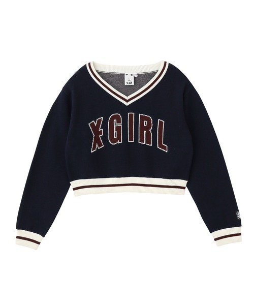 X-girl(エックスガール)の「LOGO JACQUARD V-NECK KNIT TOP(ニット/セーター・レディース・ブラック/ネイビー・ONE SIZE)」の14枚目の写真