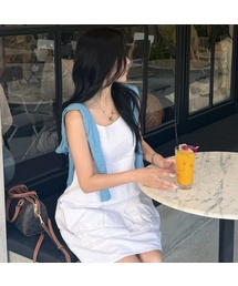 [W]ピンタックスリーブレスレースホワイトワンピース