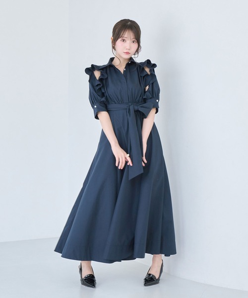 Rose Muse(ロゼミューズ)の「Bow tie shirts dress(シャツワンピース・レディース・ネイビー/アイボリー/ベージュ・FREE)」の1枚目の写真