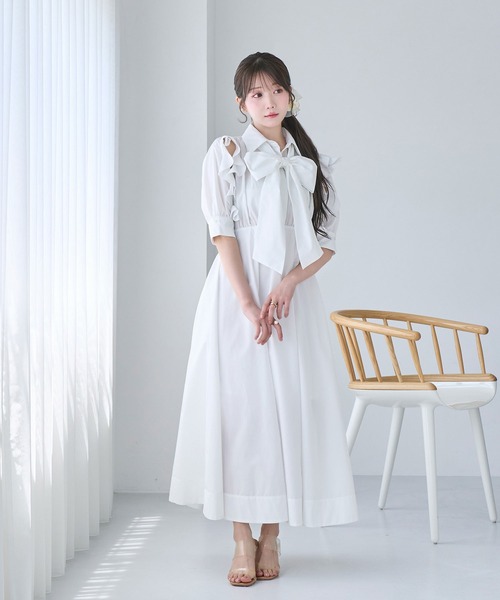 Rose Muse(ロゼミューズ)の「Bow tie shirts dress(シャツワンピース・レディース・ネイビー/アイボリー/ベージュ・FREE)」の8枚目の写真