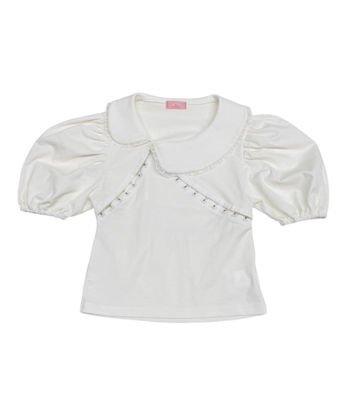 lilLilly(リルリリー)の「ホックテープパフスリーブトップス(Tシャツ/カットソー・レディース・チェック/グレー/ホワイト・FREE)」の4枚目の写真