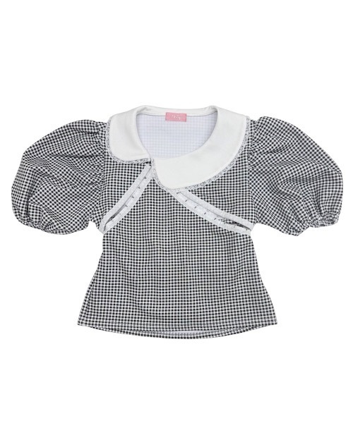 lilLilly(リルリリー)の「ホックテープパフスリーブトップス(Tシャツ/カットソー・レディース・チェック/グレー/ホワイト・FREE)」の5枚目の写真