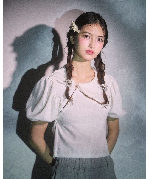 lilLilly(リルリリー)の「ホックテープパフスリーブトップス(Tシャツ/カットソー・レディース・チェック/グレー/ホワイト・FREE)」の6枚目の写真