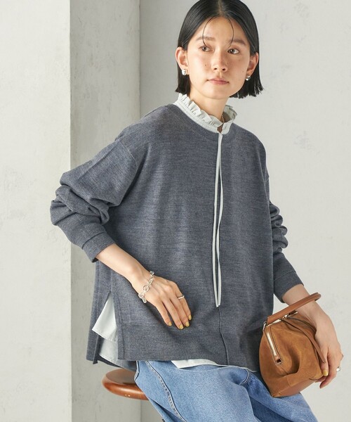 SHIPS(シップス)の「〈手洗い可能〉ウォッシャブル ウール ダブル カフス ニット プルオーバー(ニット/セーター・レディース・ネイビー/ダークグレー/クリーム/ピンク系・ONE SIZE)」の1枚目の写真