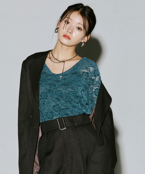 PAGEBOY(ページボーイ)の「ベロアレース2WAYロングスリーブ【前後2WAY】(Tシャツ/カットソー・レディース・ローズ/ターコイズブルー/オフホワイト/ブラック・FREE)」の4枚目の写真