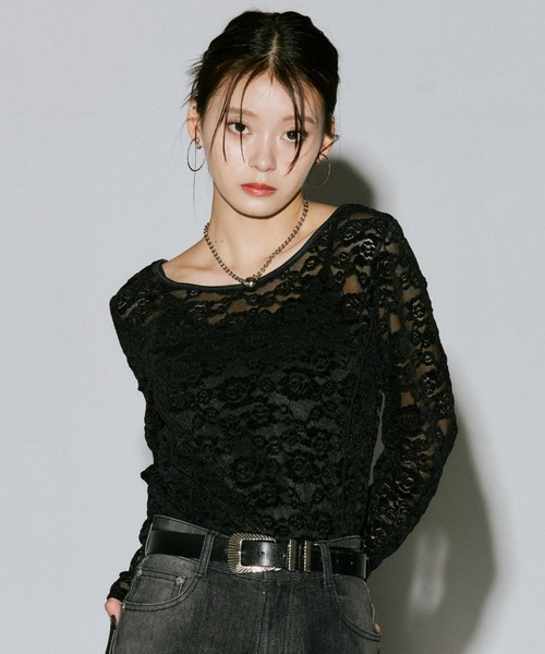 PAGEBOY(ページボーイ)の「ベロアレース2WAYロングスリーブ【前後2WAY】(Tシャツ/カットソー・レディース・ローズ/ターコイズブルー/オフホワイト/ブラック・FREE)」の3枚目の写真