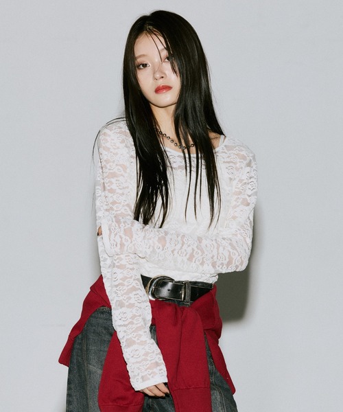 PAGEBOY(ページボーイ)の「ベロアレース2WAYロングスリーブ【前後2WAY】(Tシャツ/カットソー・レディース・ローズ/ターコイズブルー/オフホワイト/ブラック・FREE)」の6枚目の写真