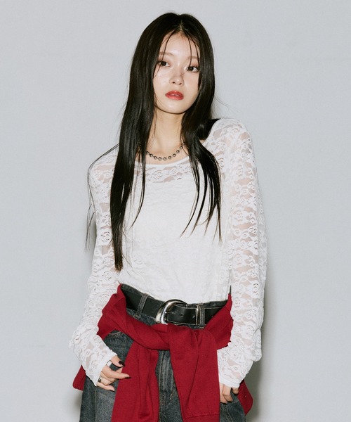 PAGEBOY(ページボーイ)の「ベロアレース2WAYロングスリーブ【前後2WAY】(Tシャツ/カットソー・レディース・ローズ/ターコイズブルー/オフホワイト/ブラック・FREE)」の7枚目の写真