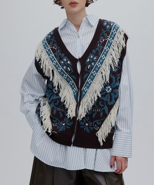 Ameri(アメリ)の「2WAY FLOWER PATTERN FRINGE KNIT VEST(ベスト・レディース・ブルー/ブラウン/グレー・FREE)」の1枚目の写真