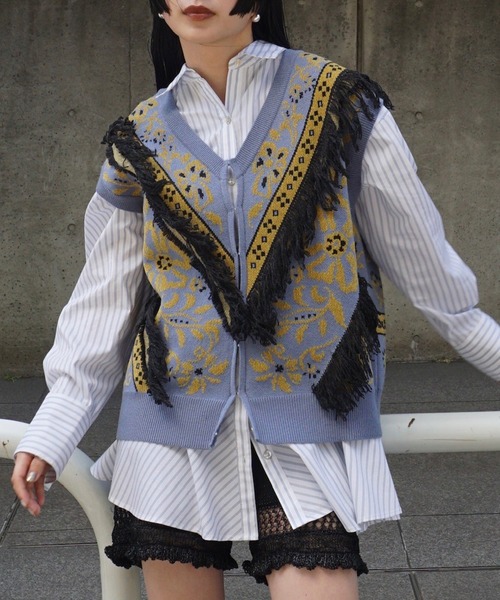 2WAY FLOWER PATTERN FRINGE KNIT VEST（ベスト）｜Ameri（アメリ）の