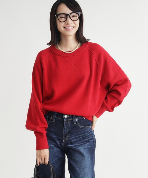 HONEYSUCKLE ROSE(ハニーサックルローズ)の「《柔らかな着心地/体型カバー》スウェットライクニット(ニット/セーター・レディース・グリーン/レッド系1/ライトグレー/ライトイエロー系・03/05/04)」の4枚目の写真
