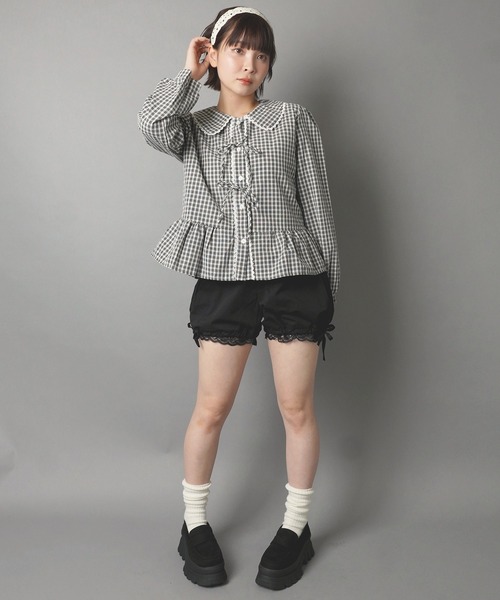 SPINNS（スピンズ）の「長袖チェックブラウス/レースリボン/韓国ガーリー（シャツ/ブラウス・レディース・ブラック/ベージュ・ONESIZE）」の6枚目の写真