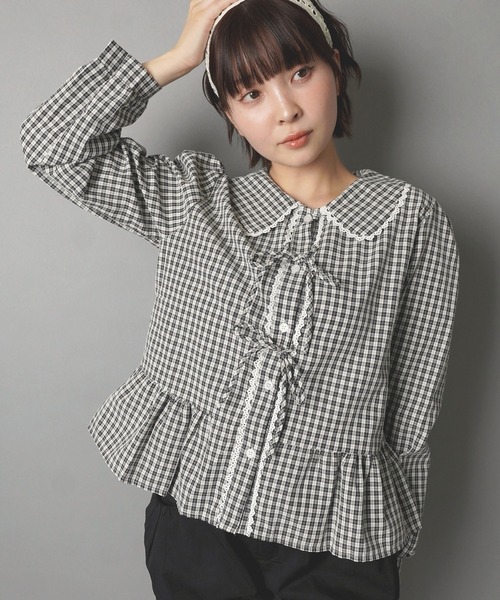 SPINNS（スピンズ）の「長袖チェックブラウス/レースリボン/韓国ガーリー（シャツ/ブラウス・レディース・ブラック/ベージュ・ONESIZE）」の7枚目の写真