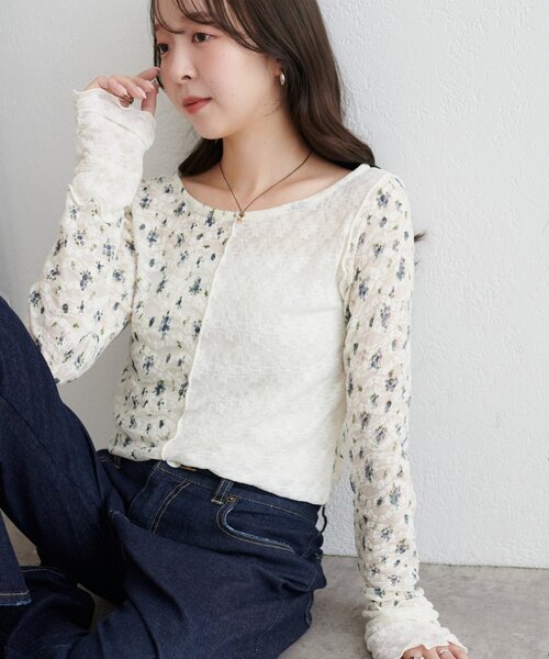 DISCOAT(ディスコート)の「【WEB限定】花柄切替パッチワークロングスリーブTシャツ(Tシャツ/カットソー・レディース・ブルー/ブラック/アイボリー・FREE)」の2枚目の写真