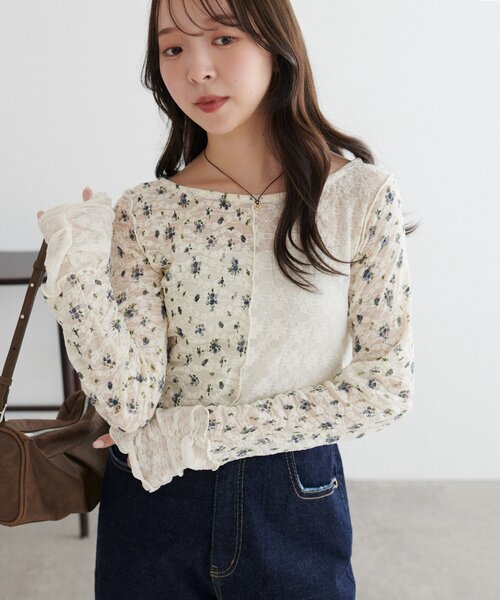 DISCOAT(ディスコート)の「【WEB限定】花柄切替パッチワークロングスリーブTシャツ(Tシャツ/カットソー・レディース・ブルー/ブラック/アイボリー・FREE)」の9枚目の写真